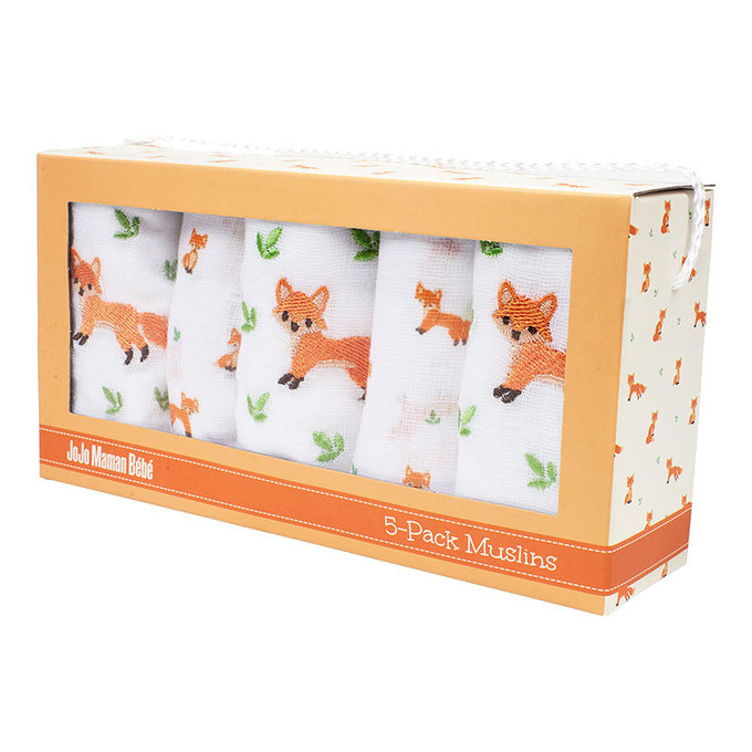 英國 JoJo Maman BeBe 100% 純棉多功能細紗布包巾/小薄被/拍嗝巾/安撫巾 5入組 (60*60cm)_小狐狸 (JJD9811)