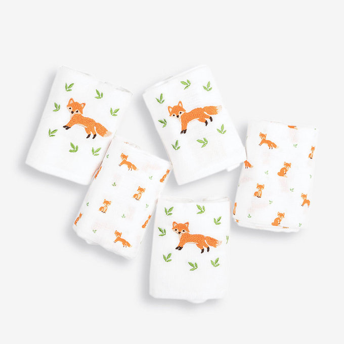 英國 JoJo Maman BeBe 100% 純棉多功能細紗布包巾/小薄被/拍嗝巾/安撫巾 5入組 (60*60cm)_小狐狸 (JJD9811)