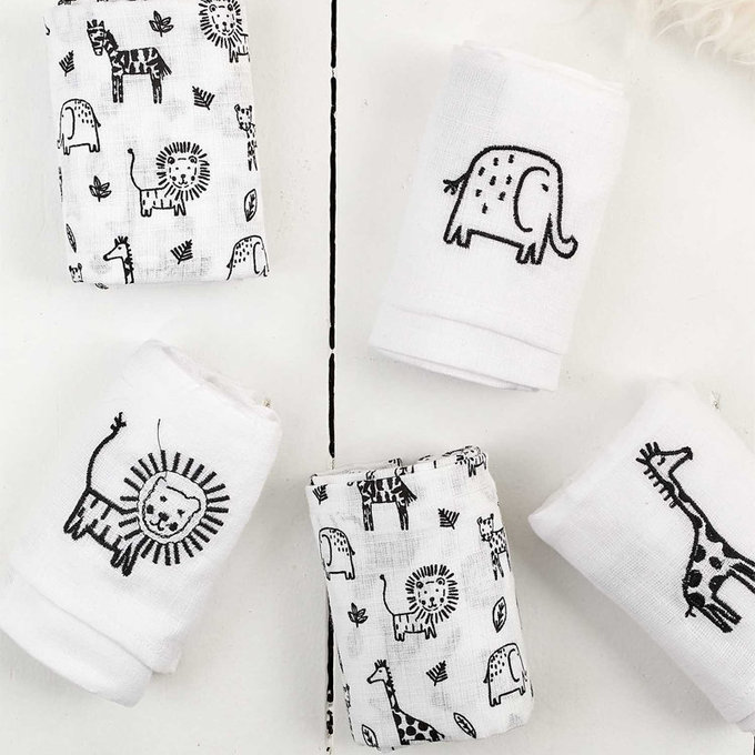 英國 JoJo Maman BeBe 100% 純棉多功能細紗布包巾/小薄被/拍嗝巾/安撫巾 5入組 (60*60cm) _大草原(JJE2528)