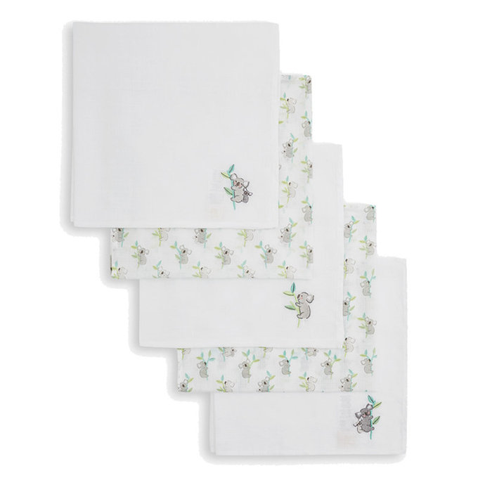 英國 JoJo Maman BeBe 100% 純棉多功能細紗布包巾/小薄被/拍嗝巾/安撫巾 5入組(60*60cm)_無尾熊 (JJE6505)