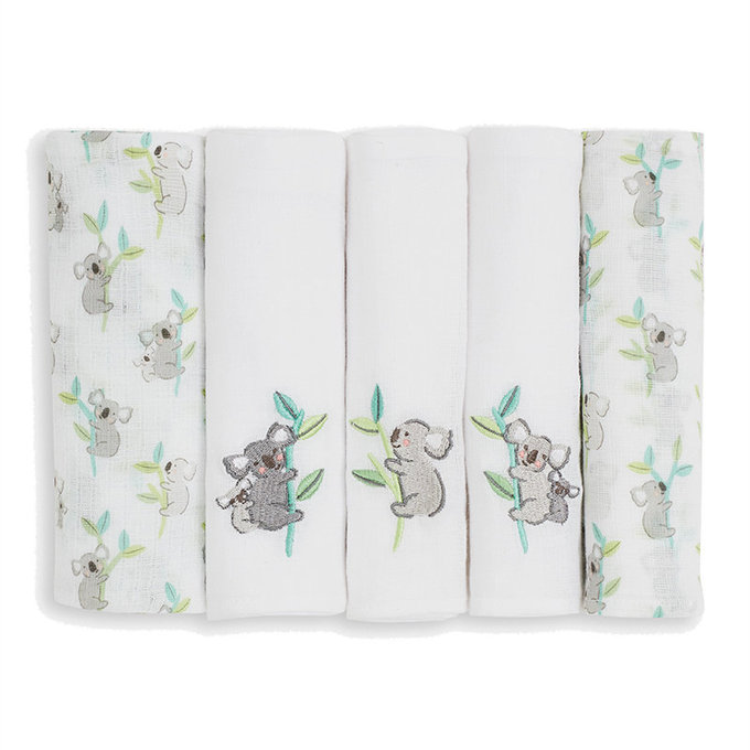 英國 JoJo Maman BeBe 100% 純棉多功能細紗布包巾/小薄被/拍嗝巾/安撫巾 5入組(60*60cm)_無尾熊 (JJE6505)