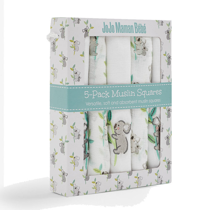 英國 JoJo Maman BeBe 100% 純棉多功能細紗布包巾/小薄被/拍嗝巾/安撫巾 5入組(60*60cm)_無尾熊 (JJE6505)