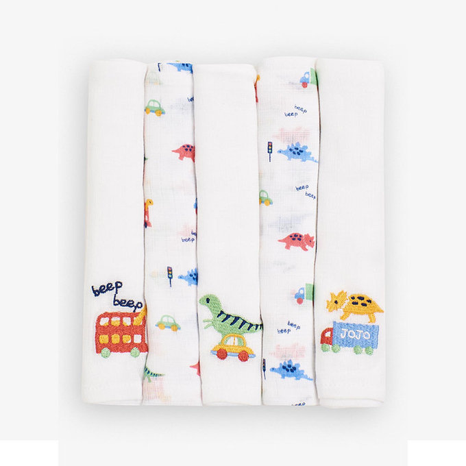英國 JoJo Maman BeBe 100% 純棉多功能細紗布包巾/小薄被/拍嗝巾/安撫巾 5入組 (60*60cm)_恐龍車車(JJE6889)