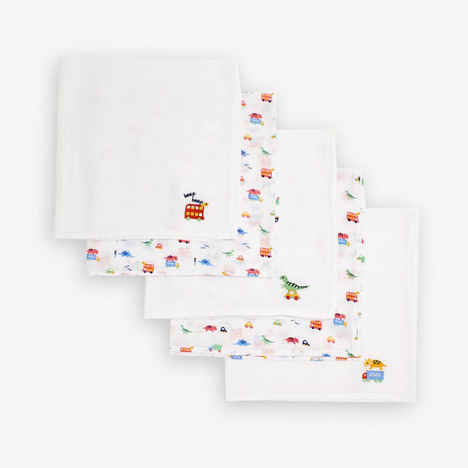 英國 JoJo Maman BeBe 100% 純棉多功能細紗布包巾/小薄被/拍嗝巾/安撫巾 5入組 (60*60cm)_恐龍車車(JJE6889)