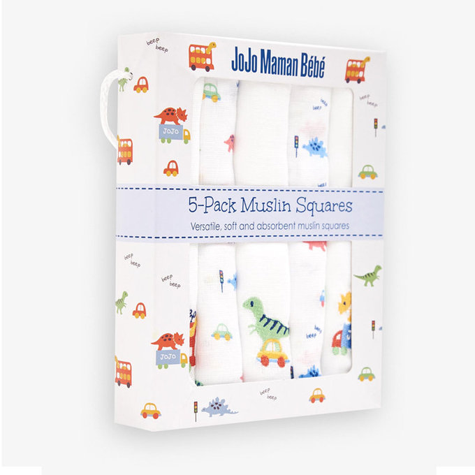 英國 JoJo Maman BeBe 100% 純棉多功能細紗布包巾/小薄被/拍嗝巾/安撫巾 5入組 (60*60cm)_恐龍車車(JJE6889)
