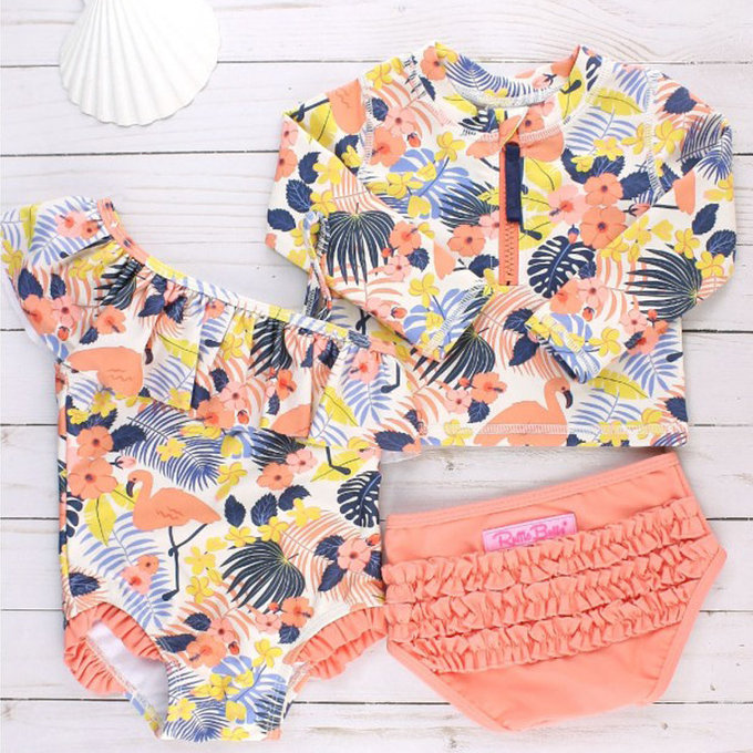 美國 RuffleButts 小女童UPF 50+防曬兩件式長袖泳裝_熱帶夏威夷_RBSG21-04