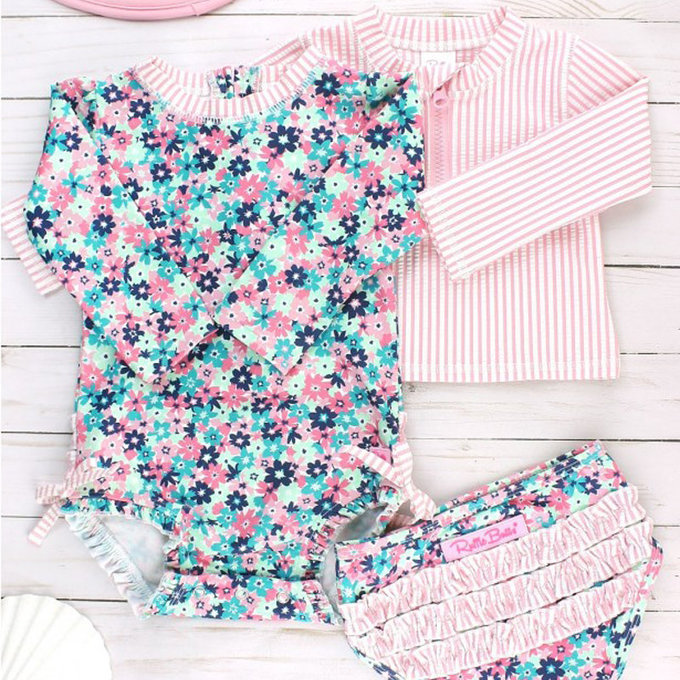 美國 RuffleButts 小女童UPF 50+防曬兩件式長袖泳裝_粉色萬花筒_RBSG21-07