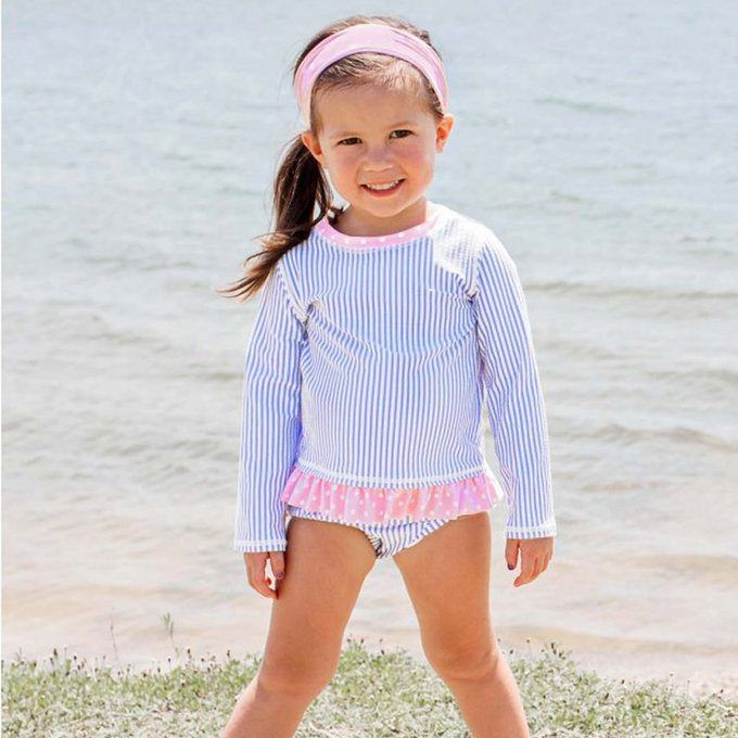 美國 RuffleButts 小女童UPF 50+防曬兩件式長袖泳裝_粉紫條紋_RBSG21-11