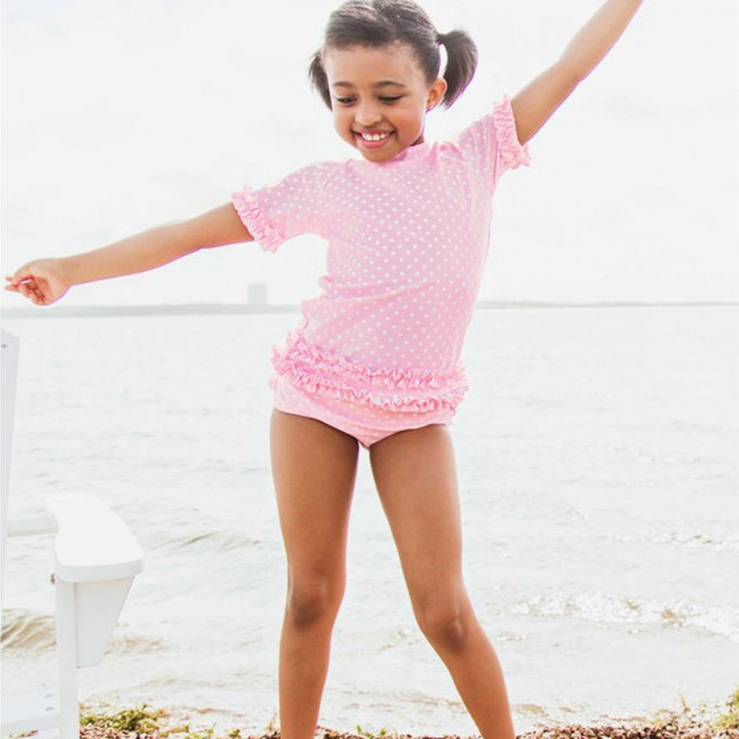 美國 RuffleButts 小女童UPF 50+防曬兩件式短袖泳裝_粉色圓點_RBSG21-24