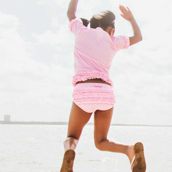 美國 RuffleButts 小女童UPF 50+防曬兩件式短袖泳裝_粉色圓點_RBSG21-24