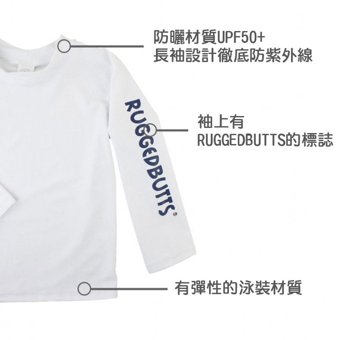 美國 RuffleButts 小男童UPF 50+防曬長袖泳衣_純白_RBSB21-04