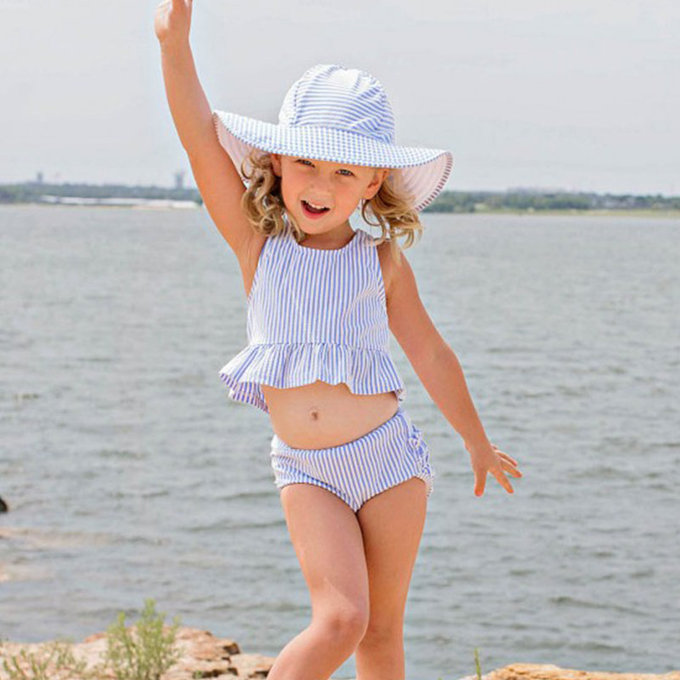 美國 Ruffle Butts 嬰幼兒UPF 50+防曬遮陽帽_藍色條紋_RBVS016