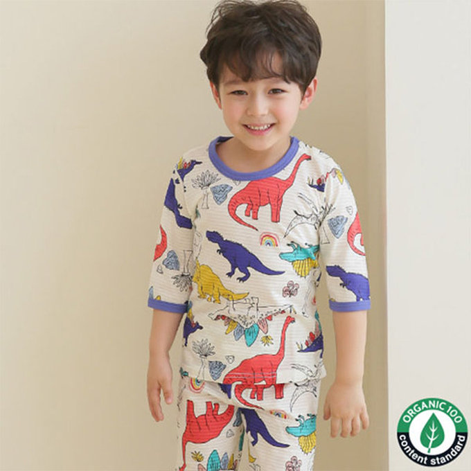 正韓 Puco 超優質嬰幼兒/兒童七分袖100% 有機純棉家居服/睡衣_白堊紀_PC21-001