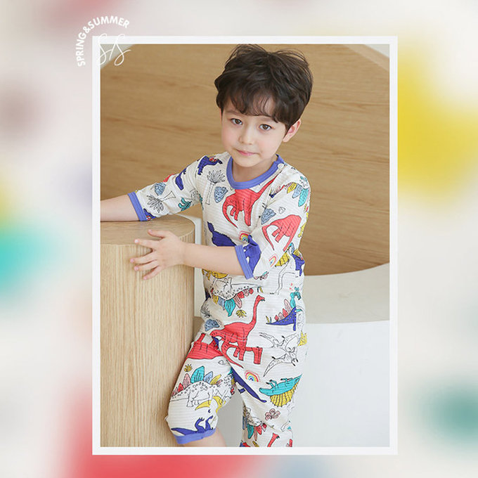 正韓 Puco 超優質嬰幼兒/兒童七分袖100% 有機純棉家居服/睡衣_白堊紀_PC21-001