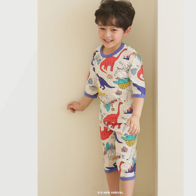 正韓 Puco 超優質嬰幼兒/兒童七分袖100% 有機純棉家居服/睡衣_白堊紀_PC21-001