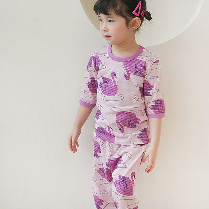 正韓 Puco 超優質嬰幼兒/兒童七分袖100% 有機純棉家居服/睡衣_優雅天鵝_PC21-004
