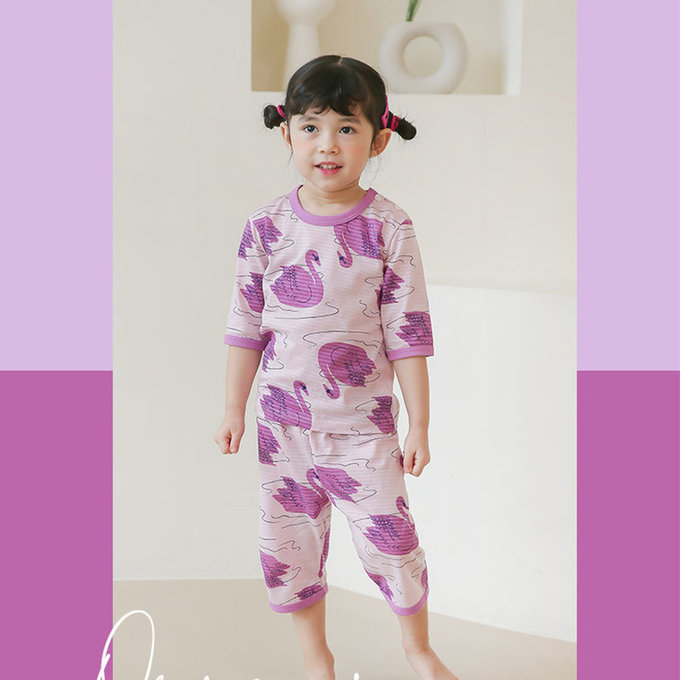 正韓 Puco 超優質嬰幼兒/兒童七分袖100% 有機純棉家居服/睡衣_優雅天鵝_PC21-004