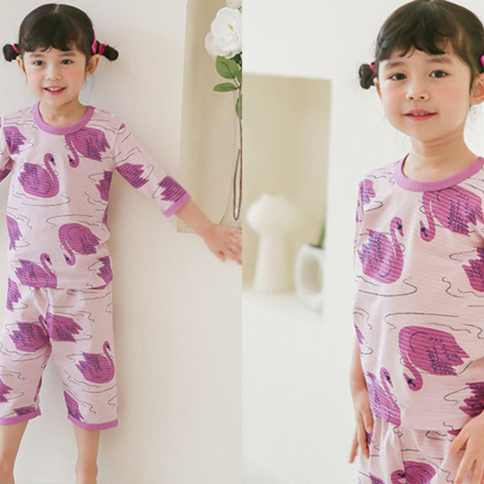 正韓 Puco 超優質嬰幼兒/兒童七分袖100% 有機純棉家居服/睡衣_優雅天鵝_PC21-004