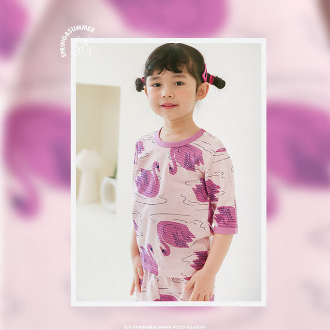 正韓 Puco 超優質嬰幼兒/兒童七分袖100% 有機純棉家居服/睡衣_優雅天鵝_PC21-004