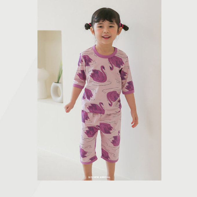 正韓 Puco 超優質嬰幼兒/兒童七分袖100% 有機純棉家居服/睡衣_優雅天鵝_PC21-004