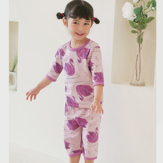 正韓 Puco 超優質嬰幼兒/兒童七分袖100% 有機純棉家居服/睡衣_優雅天鵝_PC21-004