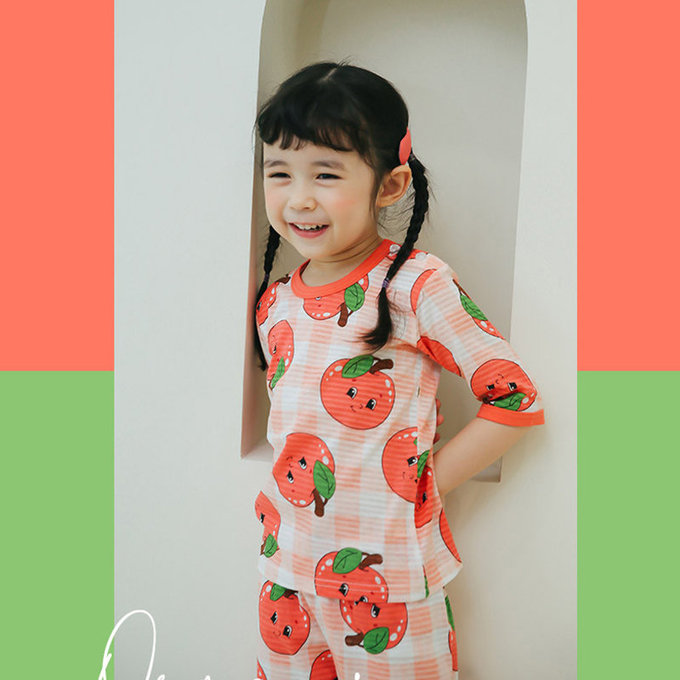 正韓 Puco 超優質嬰幼兒/兒童七分袖100% 有機純棉家居服/睡衣_蘋果女孩_PC21-005