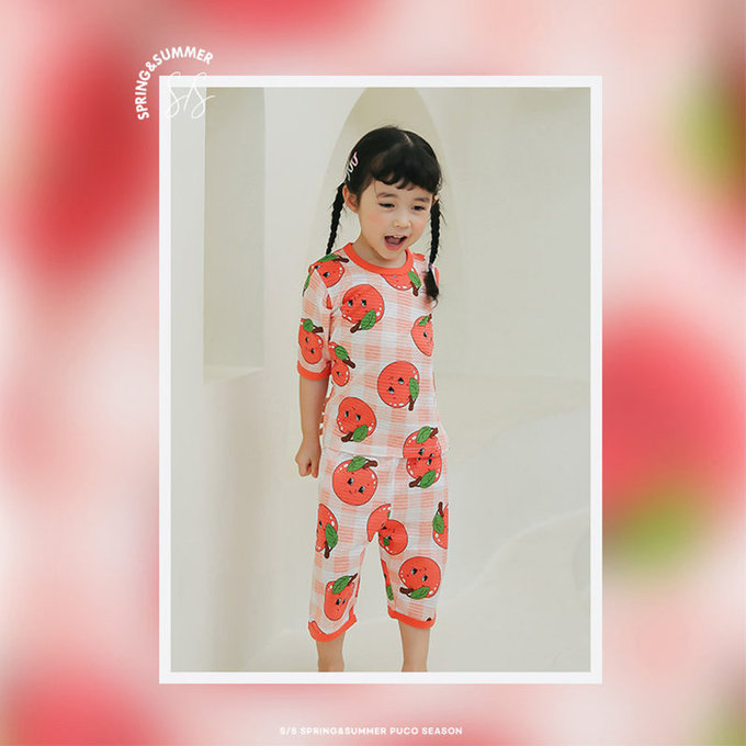正韓 Puco 超優質嬰幼兒/兒童七分袖100% 有機純棉家居服/睡衣_蘋果女孩_PC21-005
