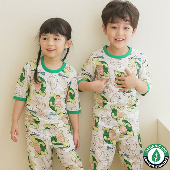 正韓 Puco 超優質嬰幼兒/兒童七分袖100% 有機純棉家居服/睡衣_龜兔賽跑_PC21-006