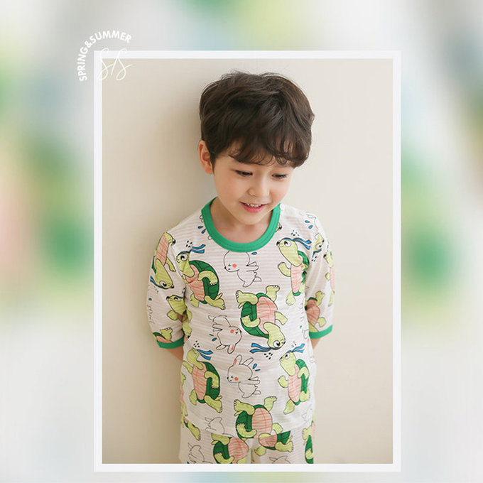 正韓 Puco 超優質嬰幼兒/兒童七分袖100% 有機純棉家居服/睡衣_龜兔賽跑_PC21-006