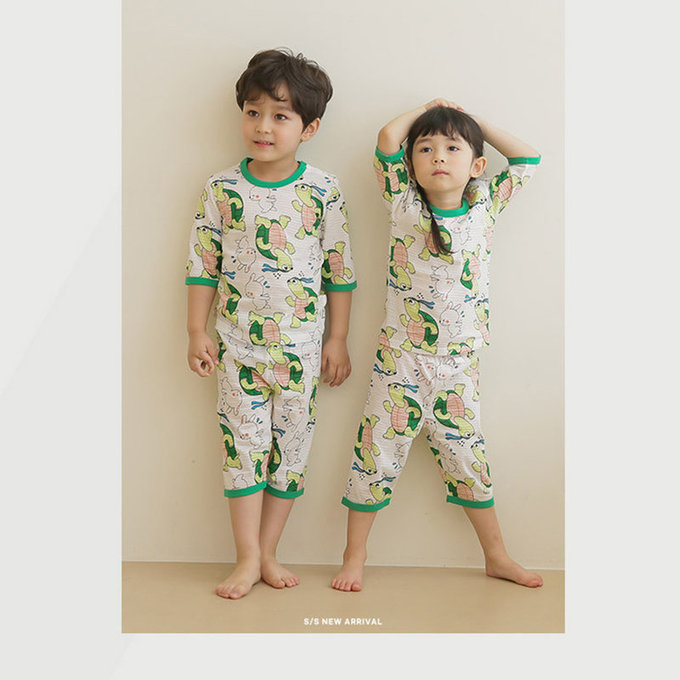 正韓 Puco 超優質嬰幼兒/兒童七分袖100% 有機純棉家居服/睡衣_龜兔賽跑_PC21-006
