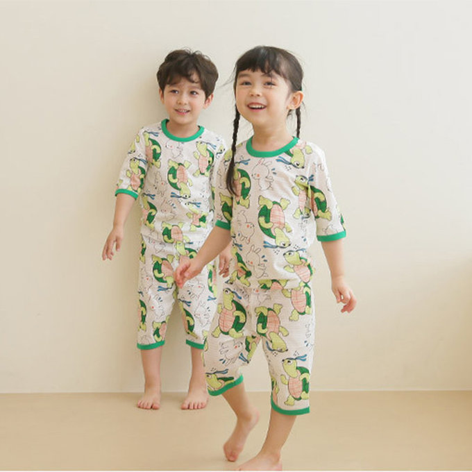 正韓 Puco 超優質嬰幼兒/兒童七分袖100% 有機純棉家居服/睡衣_龜兔賽跑_PC21-006