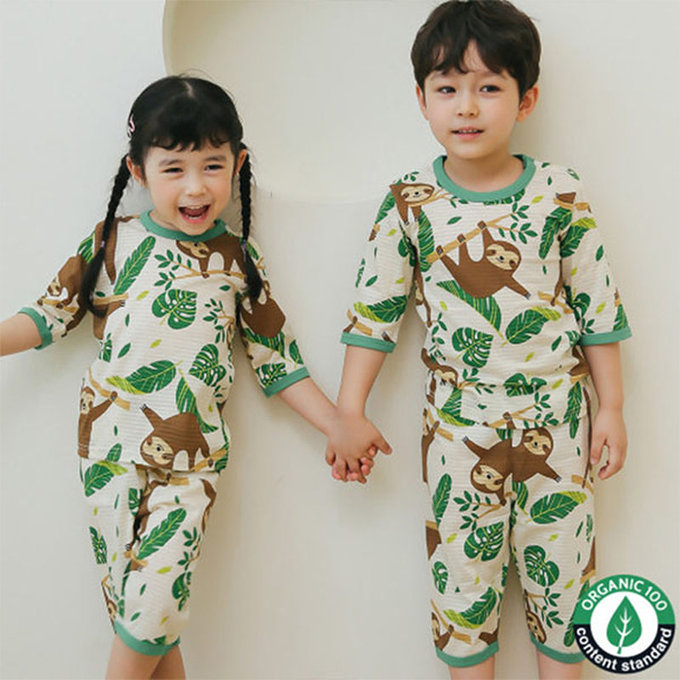 正韓 Puco 超優質嬰幼兒/兒童七分袖100% 有機純棉家居服/睡衣_開心樹懶_PC21-009