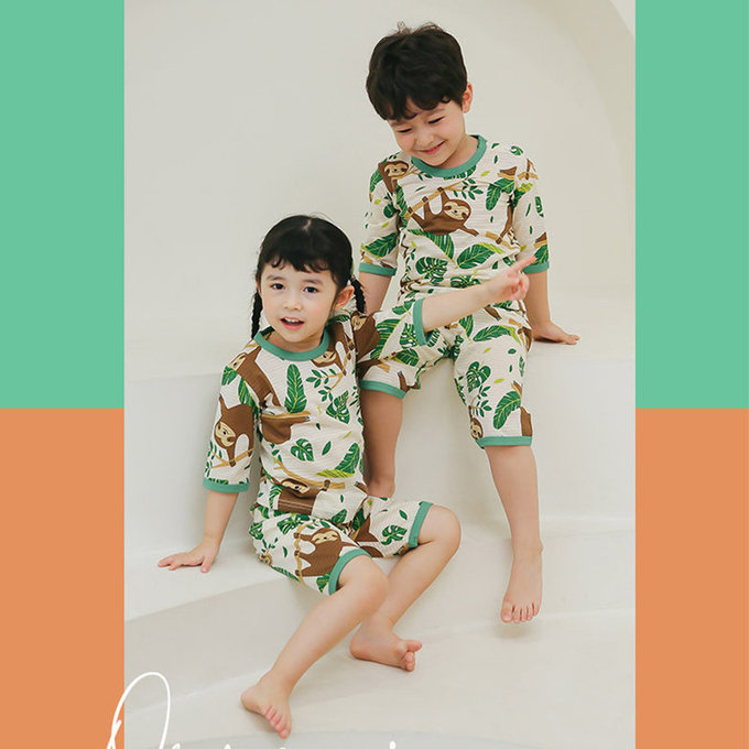 正韓 Puco 超優質嬰幼兒/兒童七分袖100% 有機純棉家居服/睡衣_開心樹懶_PC21-009