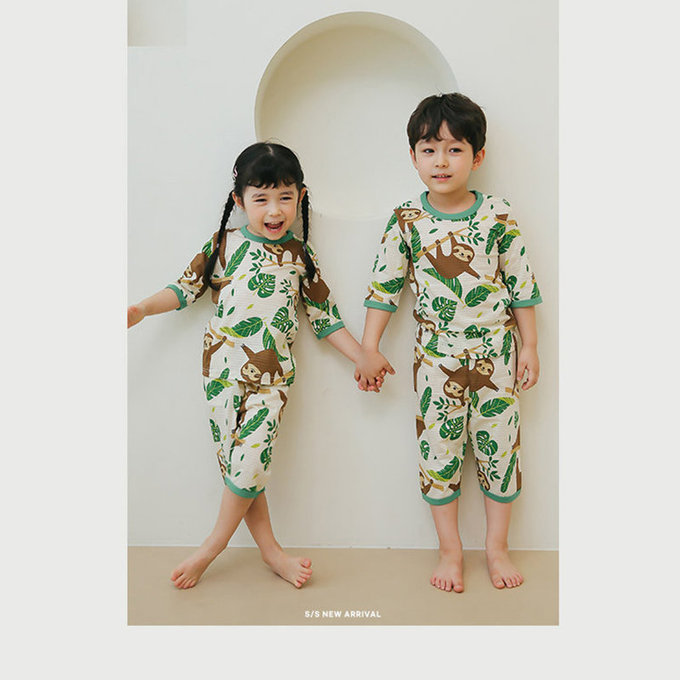 正韓 Puco 超優質嬰幼兒/兒童七分袖100% 有機純棉家居服/睡衣_開心樹懶_PC21-009