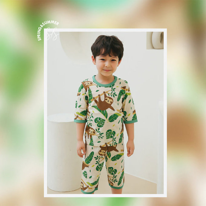 正韓 Puco 超優質嬰幼兒/兒童七分袖100% 有機純棉家居服/睡衣_開心樹懶_PC21-009