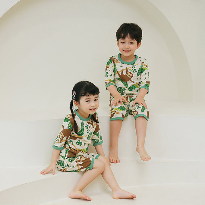 正韓 Puco 超優質嬰幼兒/兒童七分袖100% 有機純棉家居服/睡衣_開心樹懶_PC21-009