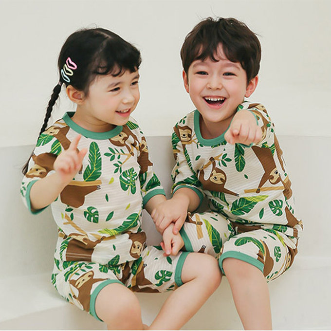 正韓 Puco 超優質嬰幼兒/兒童七分袖100% 有機純棉家居服/睡衣_開心樹懶_PC21-009