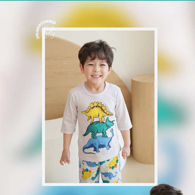 正韓 Puco 超優質嬰幼兒/兒童七分袖100% 有機純棉家居服/睡衣_恐龍疊疊樂_PC21-010