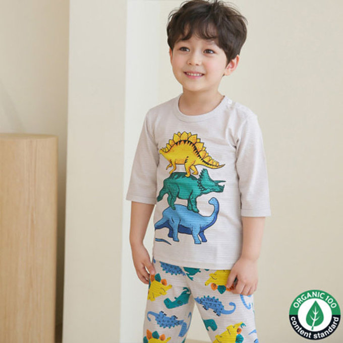 正韓 Puco 超優質嬰幼兒/兒童七分袖100% 有機純棉家居服/睡衣_恐龍疊疊樂_PC21-010