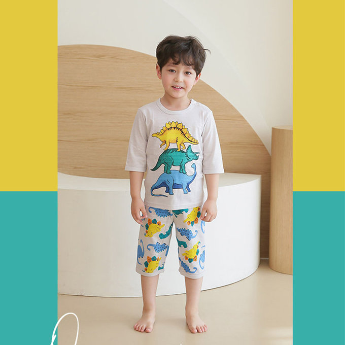 正韓 Puco 超優質嬰幼兒/兒童七分袖100% 有機純棉家居服/睡衣_恐龍疊疊樂_PC21-010