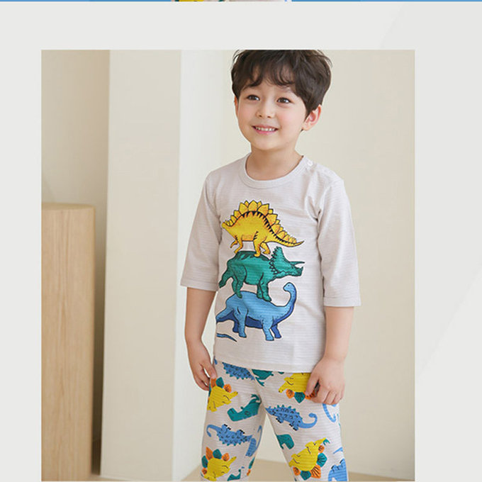 正韓 Puco 超優質嬰幼兒/兒童七分袖100% 有機純棉家居服/睡衣_恐龍疊疊樂_PC21-010