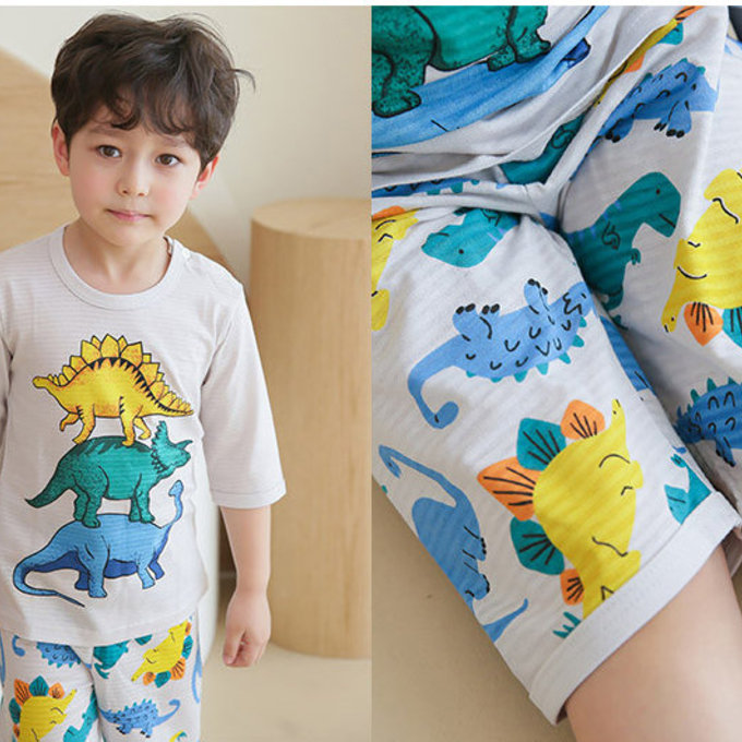 正韓 Puco 超優質嬰幼兒/兒童七分袖100% 有機純棉家居服/睡衣_恐龍疊疊樂_PC21-010