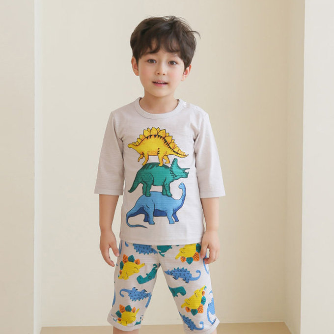 正韓 Puco 超優質嬰幼兒/兒童七分袖100% 有機純棉家居服/睡衣_恐龍疊疊樂_PC21-010