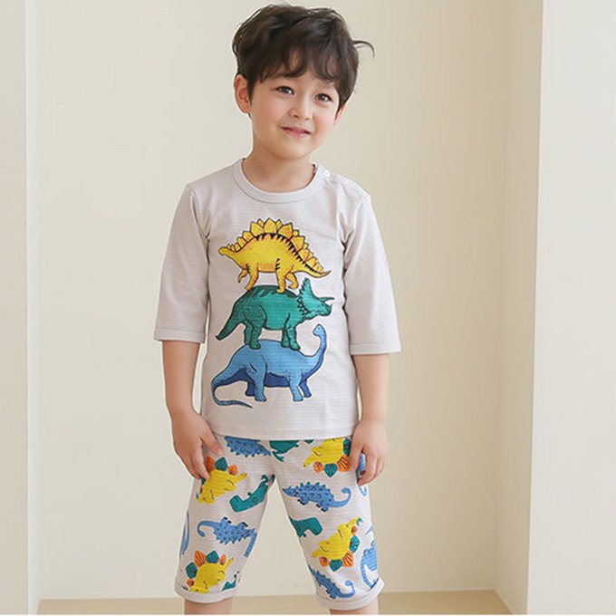 正韓 Puco 超優質嬰幼兒/兒童七分袖100% 有機純棉家居服/睡衣_恐龍疊疊樂_PC21-010