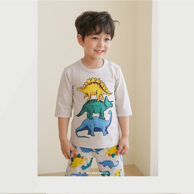 正韓 Puco 超優質嬰幼兒/兒童七分袖100% 有機純棉家居服/睡衣_恐龍疊疊樂_PC21-010
