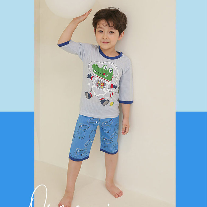 正韓 Puco 超優質嬰幼兒/兒童七分袖100% 有機純棉家居服/睡衣_太空鱷魚_PC21-011