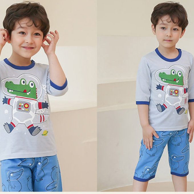 正韓 Puco 超優質嬰幼兒/兒童七分袖100% 有機純棉家居服/睡衣_太空鱷魚_PC21-011