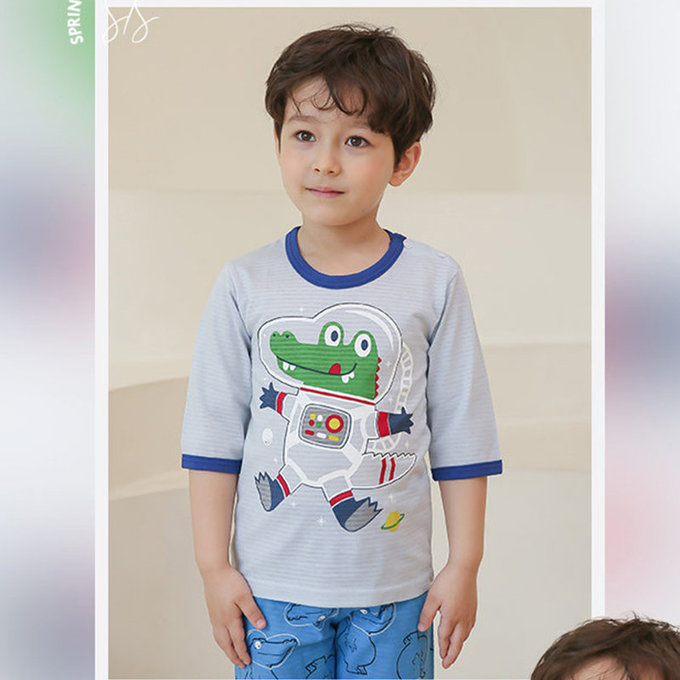 正韓 Puco 超優質嬰幼兒/兒童七分袖100% 有機純棉家居服/睡衣_太空鱷魚_PC21-011