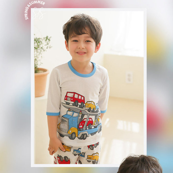 正韓 Puco 超優質嬰幼兒/兒童七分袖100% 有機純棉家居服/睡衣_車車家族_PC21-012