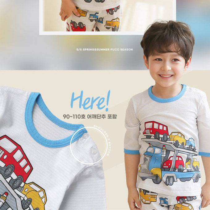 正韓 Puco 超優質嬰幼兒/兒童七分袖100% 有機純棉家居服/睡衣_車車家族_PC21-012